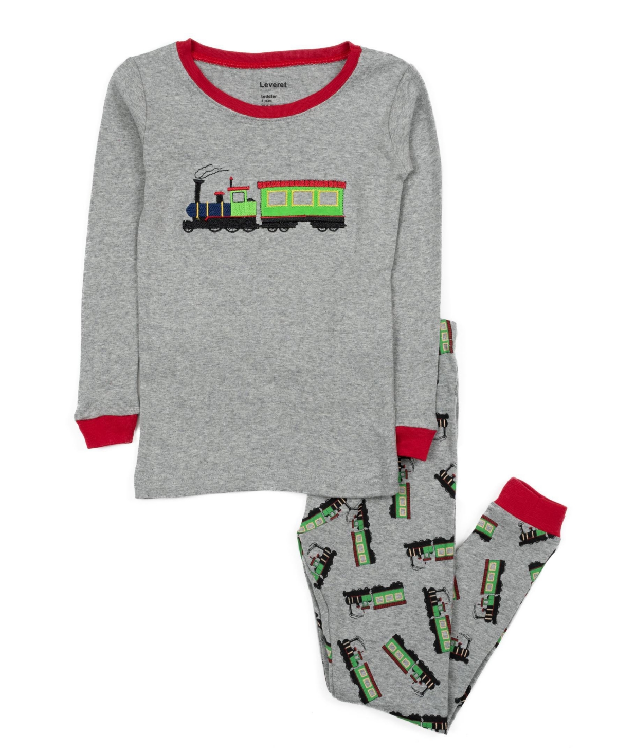 Leveret Toddler Boys Two-Piece Cotton Long Sleeve Shirt and Pants Pajama Set - Train light grey