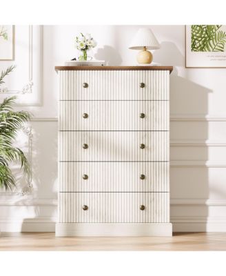 5 Drawer Fluted Dresser, Slim Vertical Wood Chest with Metal Handles for Bedroom Apartment Guest Room