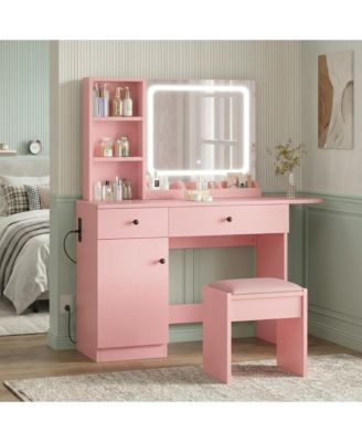 LED Lighted Vanity Desk Set with Power Outlet and USB - Makeup Dressing Table with Storage Drawers, Shelves, Hidden Stool, for Bedroom or Dorm