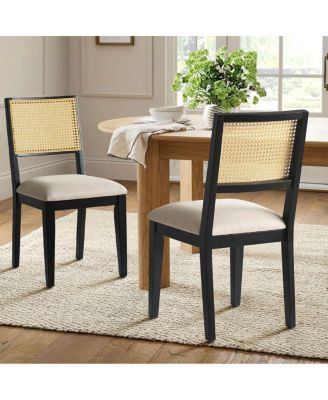 Cane Back Upholstered Dining Chairs Set of 2, Farmhouse Wood