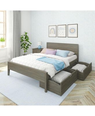 Queen Bed with Storage Drawers, Solid Wood Bed Frame with Panel Headboard, Wood Slat Support, No Box Spring Needed