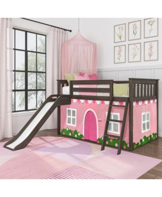 Low Bunk With Easy Slide and Light Pink and White Farmhouse Curtain