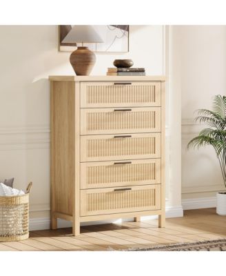 Fluted 5 Drawer Dresser for Bedroom, Rattan Chest of Dressers, Tall Dresser for Closet with Drawers