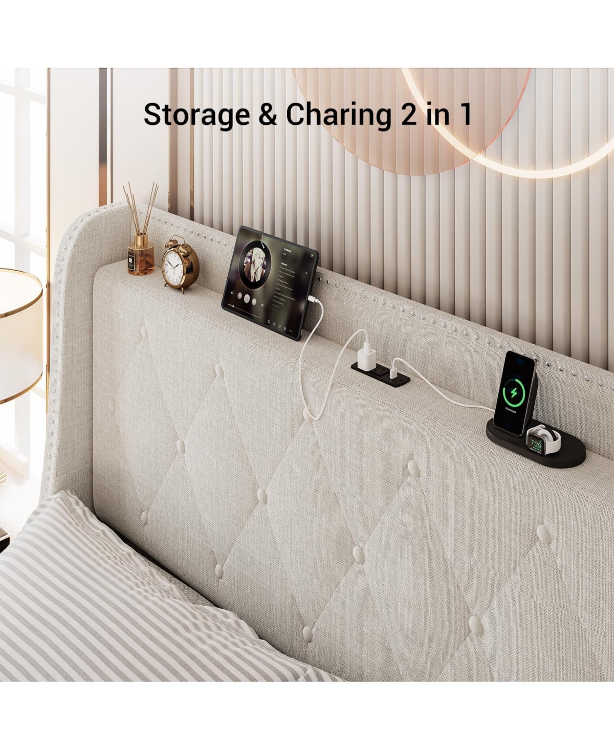 gaomon Upholstered Bed Frame with 4 Drawers, Charging Station and Wingback Headboard