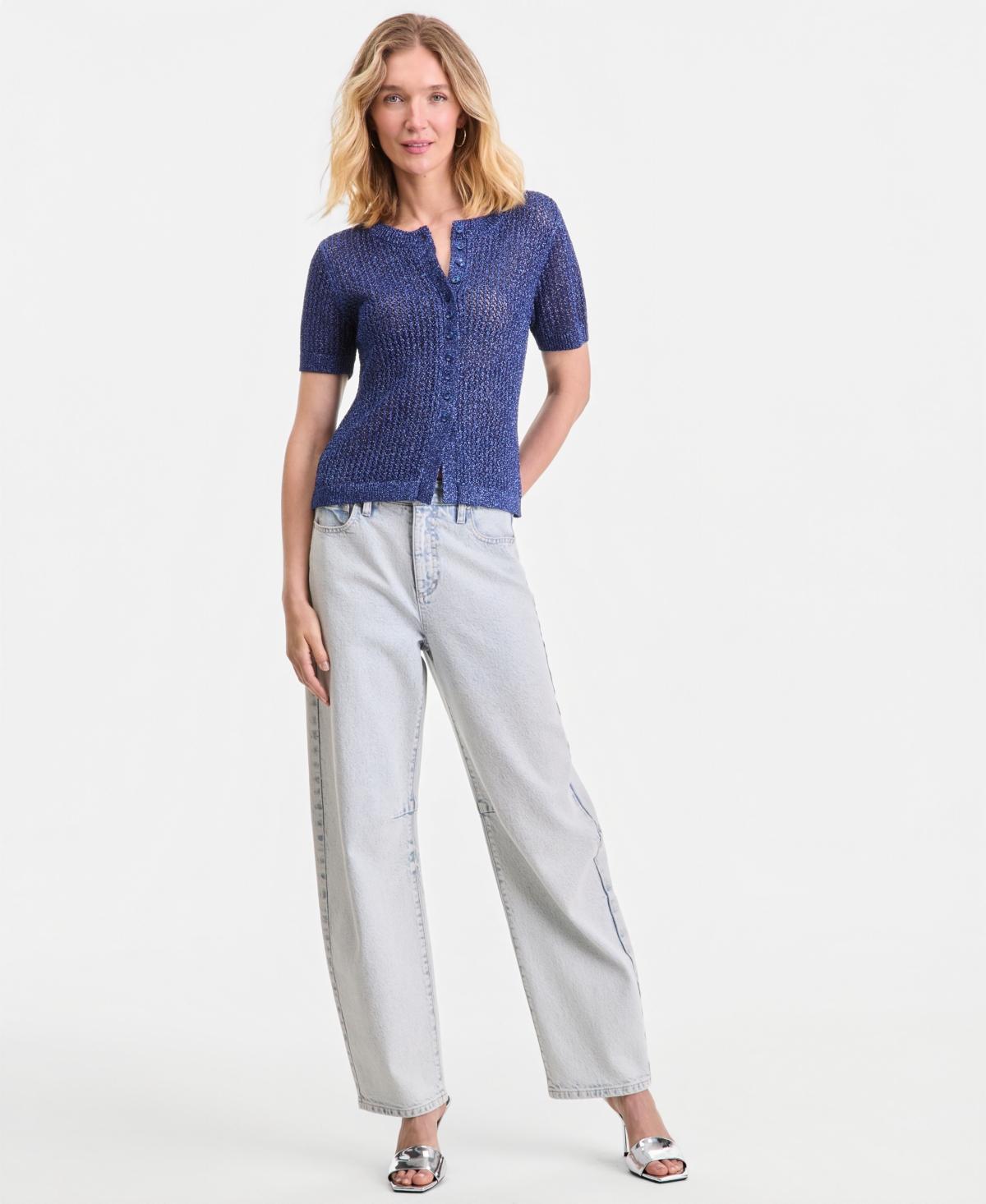 I.n.c. International Concepts Women's Short-Sleeve Metallic Crochet Cardigan, Macy's Exclusive