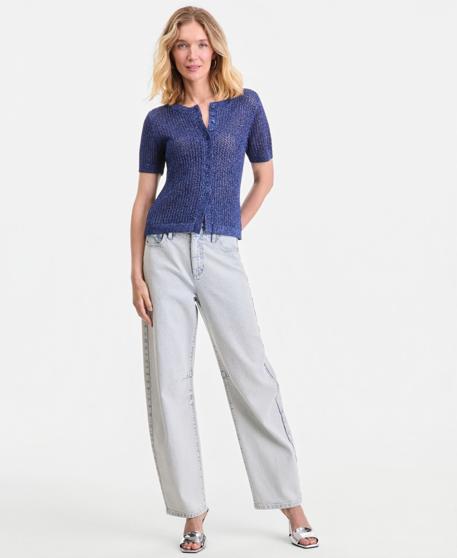 Women's Short-Sleeve Metallic Crochet Cardigan