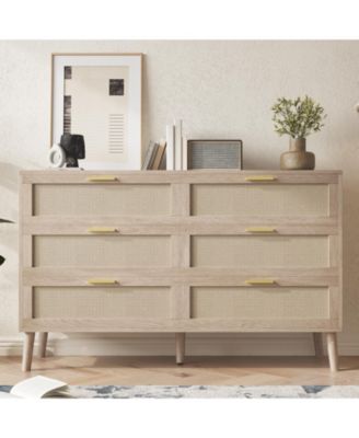 6 Drawer Dresser for Bedroom, Rattan Dresser with Metal Handles, Farmhouse Chest of Drawer
