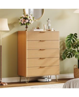 Fluted 5 Drawer Dresser for Bedroom, 32" Wide Wood Chest with Metal Handles Storage Cabinet