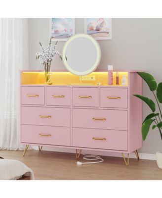 8 Drawer Dresser with LED Lights, Charging Station and Open Shelf for Bedroom