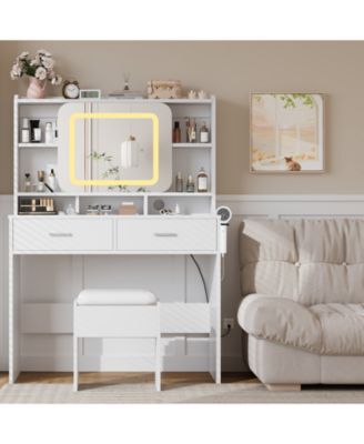 Vanity Desk with Sliding Mirror, Charging Station, 2 Drawers, Cushioned Stool, 3 Lighting Modes, Dressing Table for Bedroom, Studio