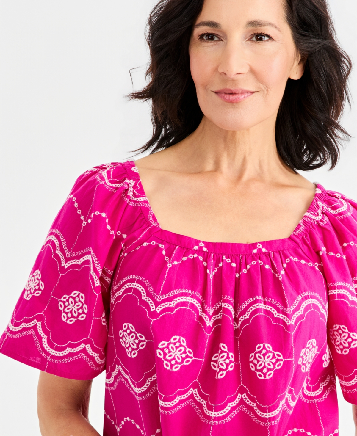 Style & Co Women's Cotton Embroidered Square-Neck Top, Macy's Exclusive