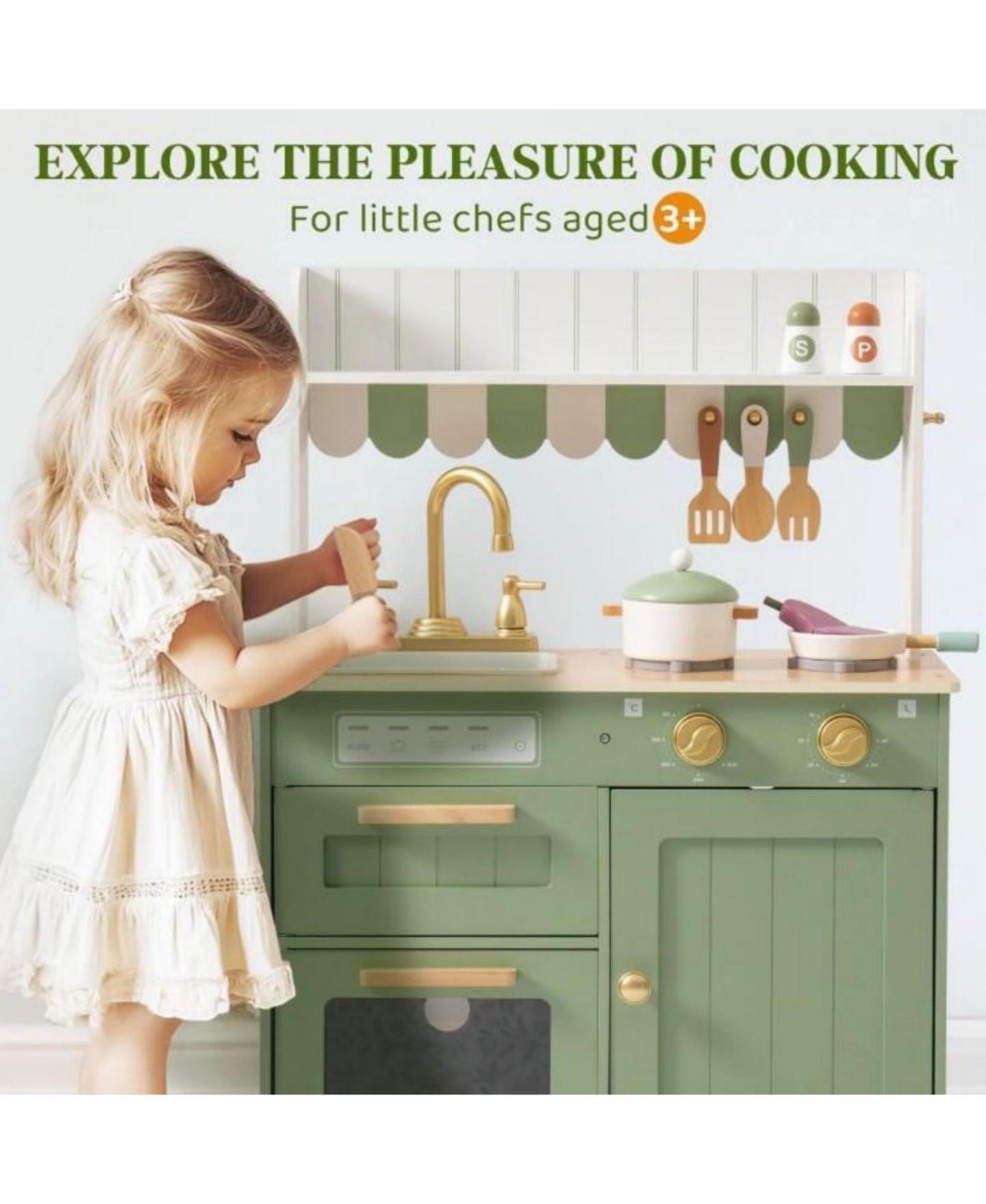 Детские игрушки Robotime Wooden Kitchen Set with Cutting Food, 12-Piece, Ages 3+, цвет: Зелёный — фото 2