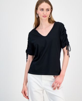 Women's Ruched-Sleeve V-Neck Cotton T-Shirt