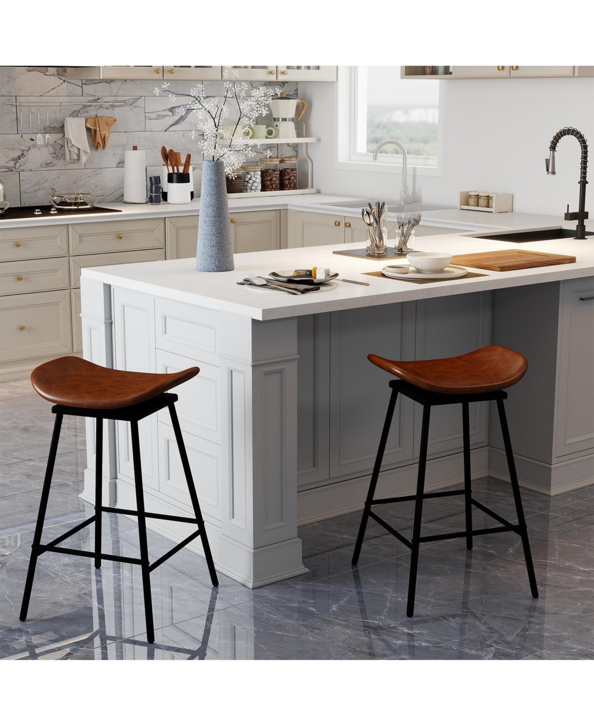 Slickblue Modern Swivel Bar Stools Set of 2, Faux Leather Backless Kitchen Chairs with Footrest