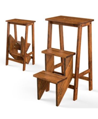 30 in. Folding 3-Tier Rubber Wood Step Ladder with Storage Shelf Function
