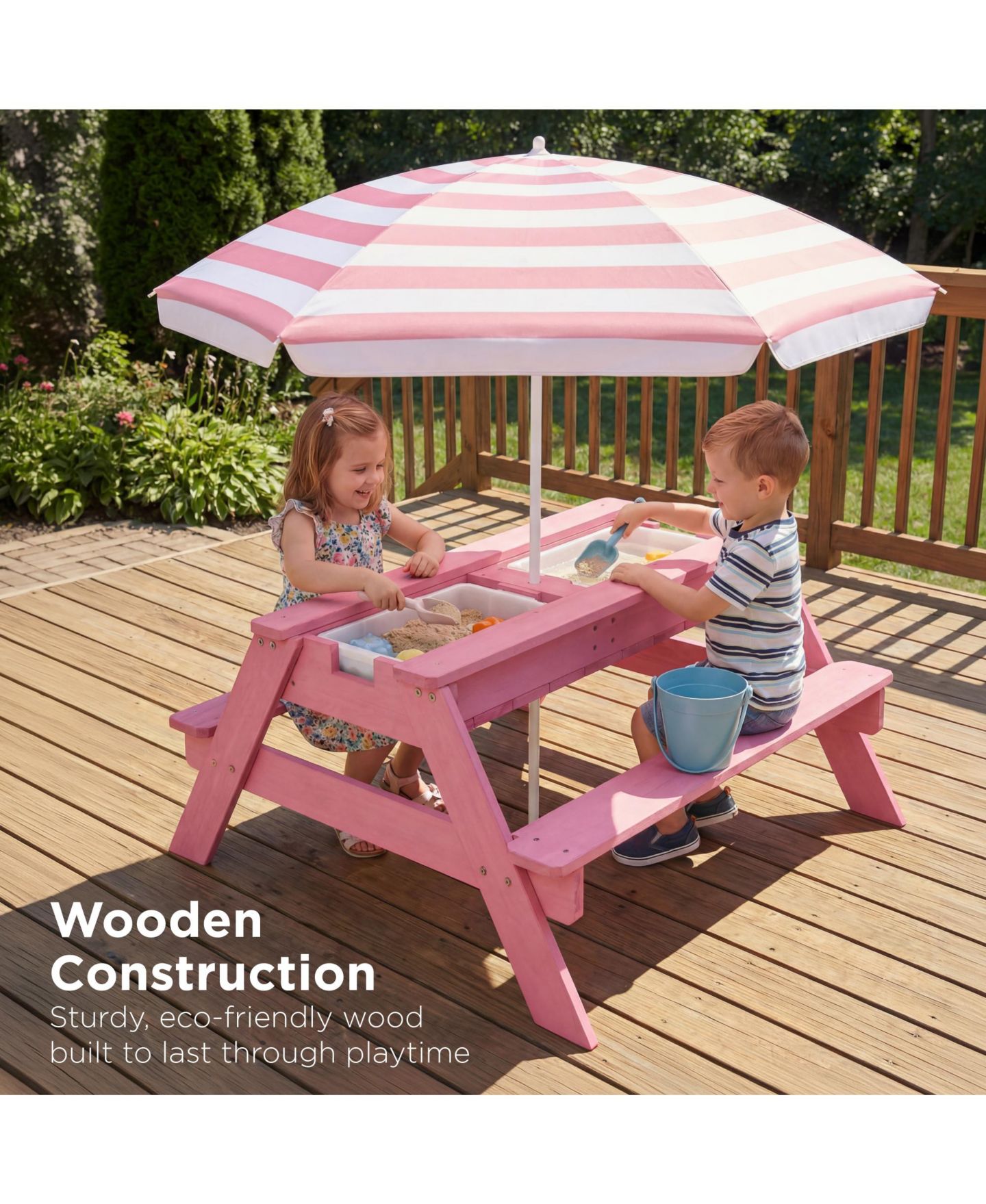 Детская игрушка Best Choice Products 3-in-1 Convertible Hemlock Picnic Table with Adjustable Umbrella, Seats 4, Ages 3+, цвет: Розовый — фото 5