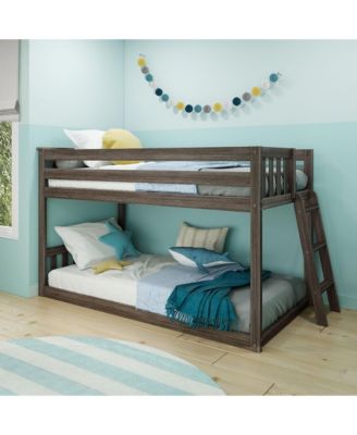 Twin Over Twin Low Bunk Bed With Ladder on End, Pecan