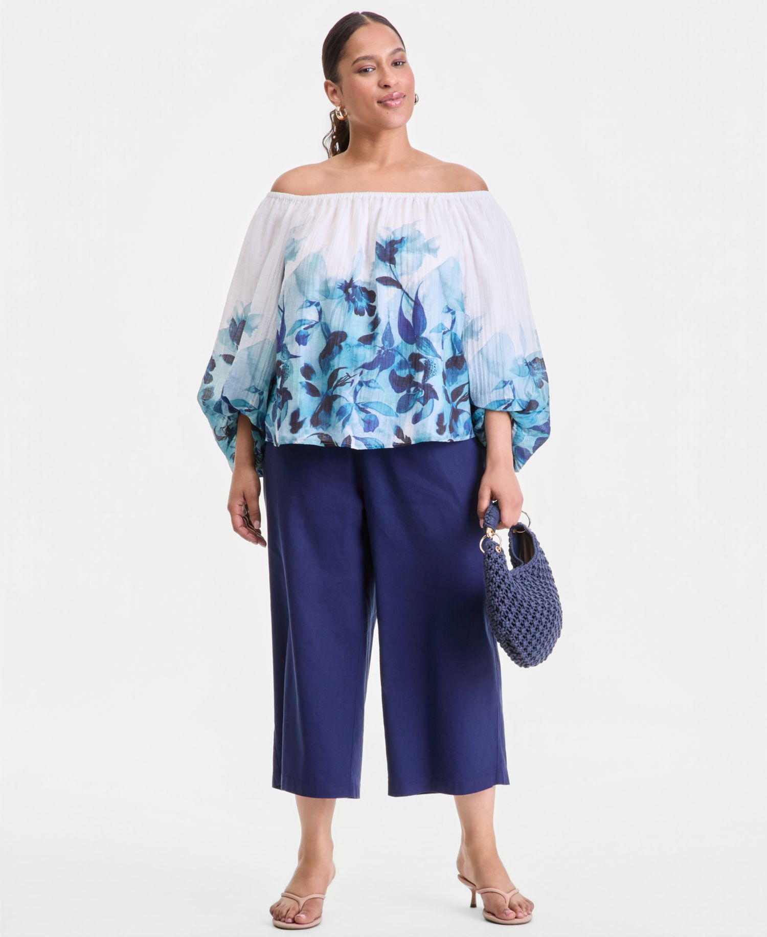 Plus Size Printed Off-The-Shoulder Puff-Sleeve Blouse