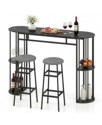 3 Pieces 60'' Bar Table Set for 2 w/ Faux Marble Tabletop and Storage Shelves