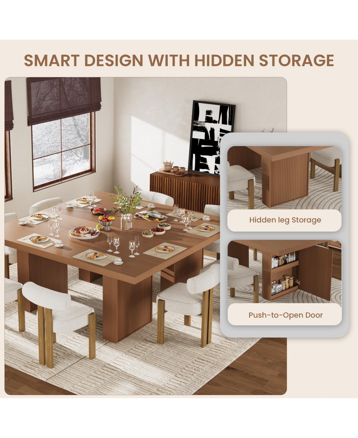 homfan 70.8 Dining Table for 6–10, Modern Wood Table with Storage and Fluted Legs