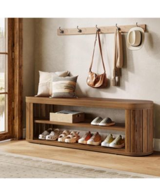 47.2" Wooden Entryway Bench with 2-Tier Shoe Storage, Farmhouse Dining Bench with Adjustable Foot Pads