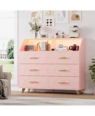 6 Drawer Dresser with Charging Station, Shelf and LED Light, 47 inches Modern Wooden Chest