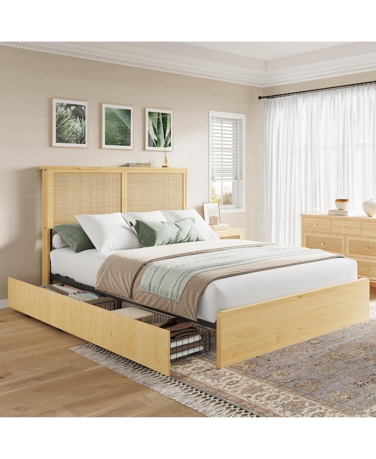 gaomon Size Rattan Bed Frame with 4 Storage Drawer, Boho Style Rattan Bed with Led Light and Natural Headboard, Sturdy Wooden Slats Support