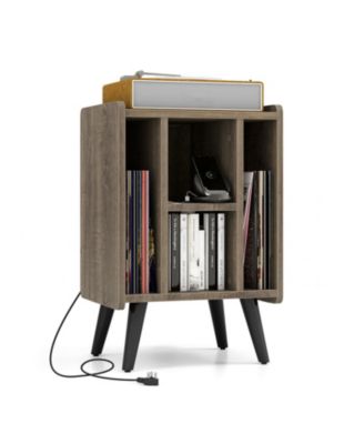 Turntable Stand with Record Storage and Charging Ports, 4 Open Shelves