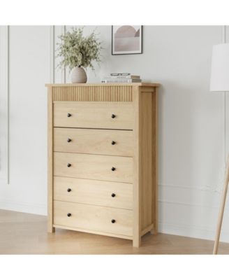 Modern Fluted 5 Drawer Tall Dresser, 31.5" Wide Wooden Storage Chest for Bedroom