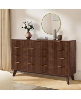 54" Fluted 9 Drawer Wood Dresser with Metal Handles and Curved Profile, Modern TV Stand