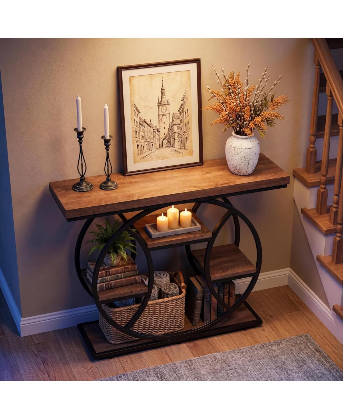 Tribesigns 41.3" Console Table, 4-Tier Media Console with Circle Metal Frame, Industrial Sofa Table