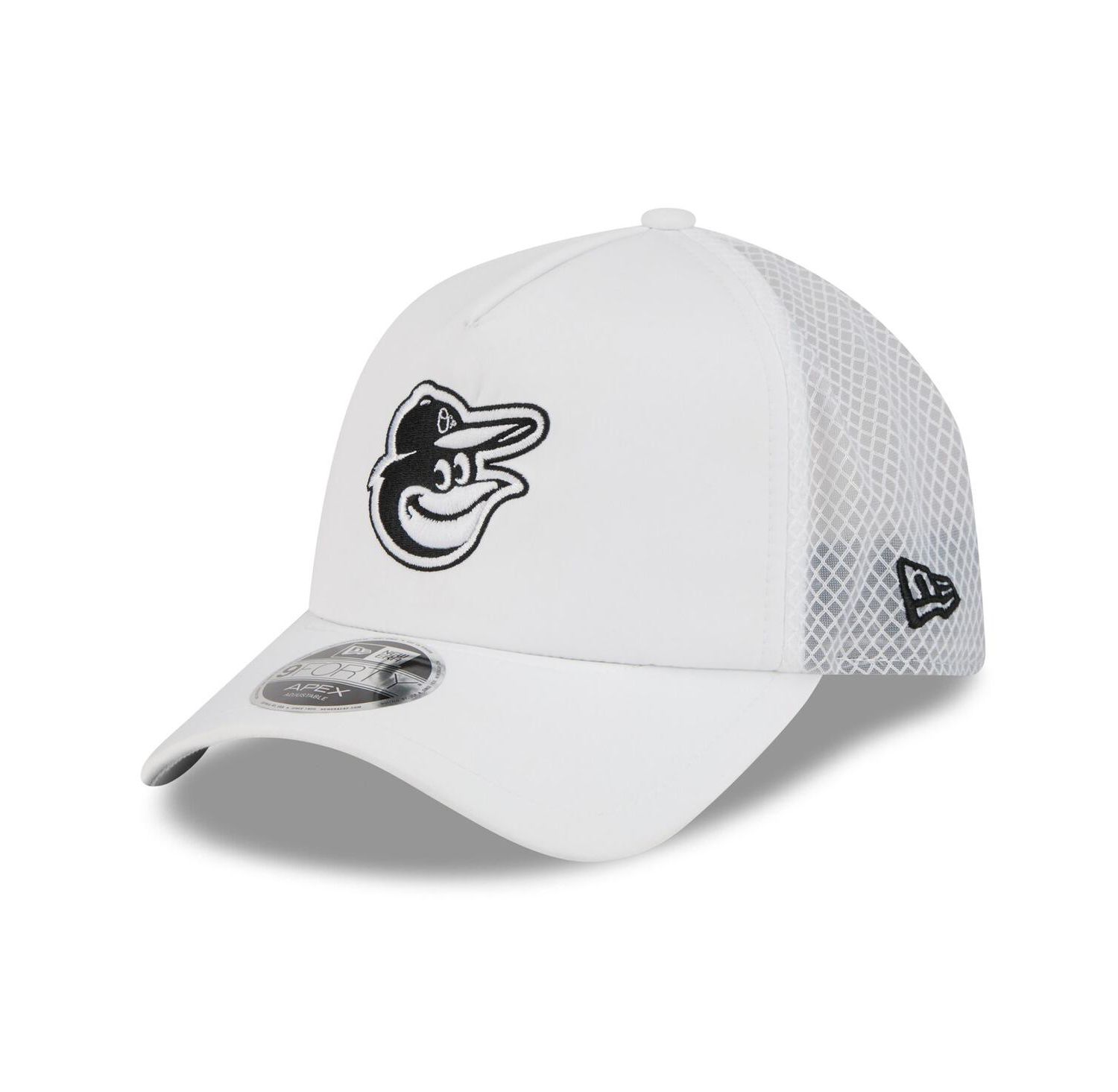 Men's White Baltimore Orioles 2026 Batting Practice Apex 9FORTY Adjustable Trucker Hat