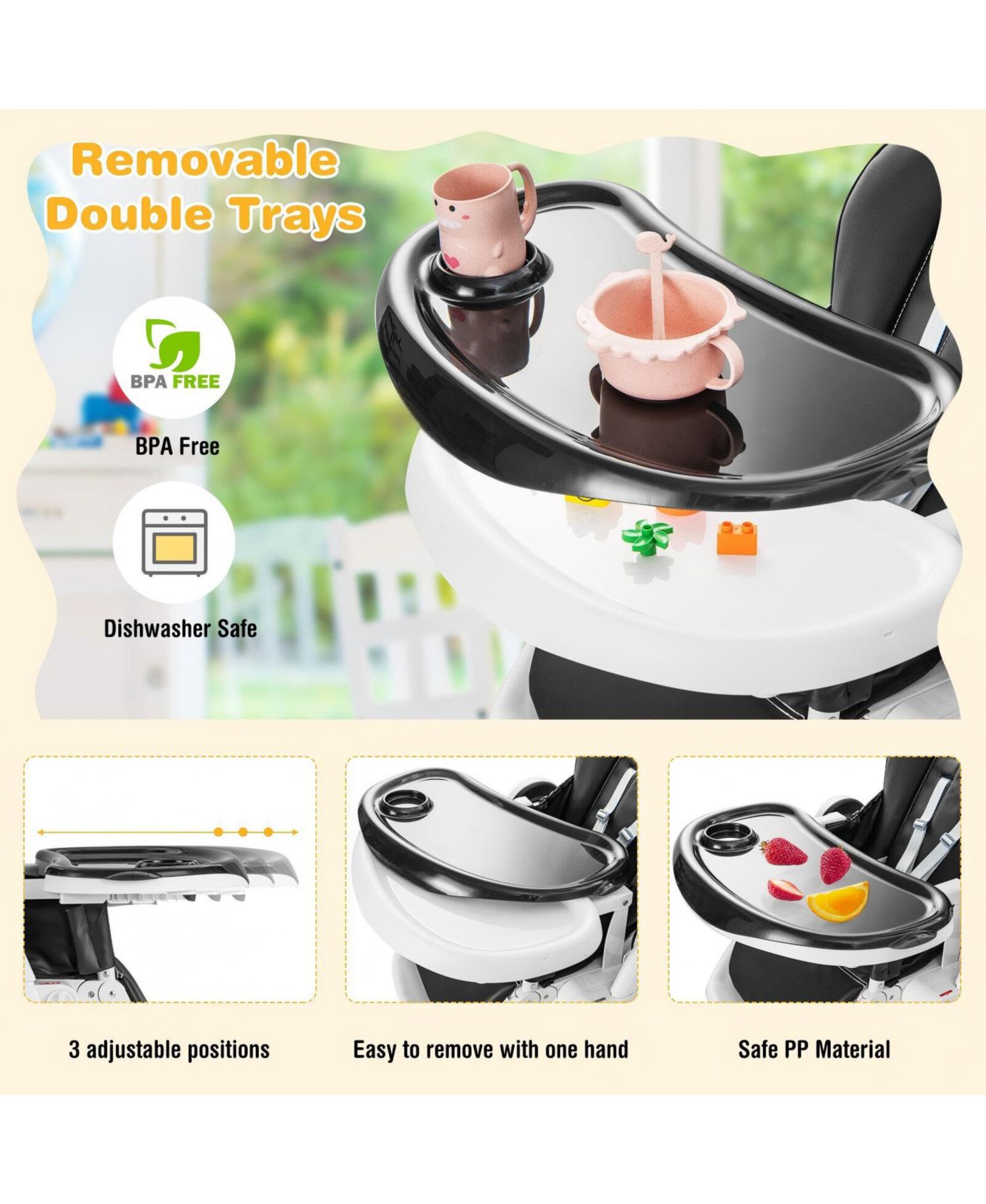 Baby Foldable High Chair with 4 Lockable Wheels and Double Tray