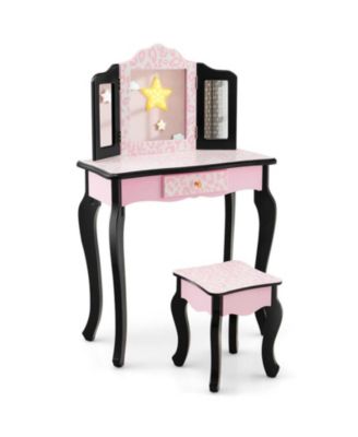 Kids Wood Makeup Dressing Table with Dimmable Lights and Stool