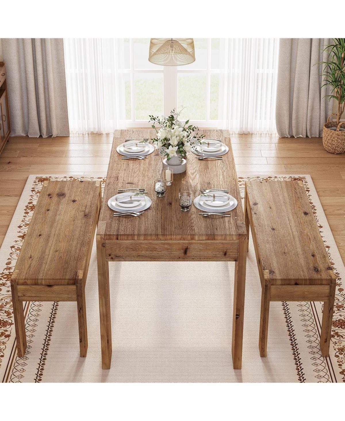 Tribesigns Solid Wood Dining Table Set for 4-6, 55" Dining Table with 2 Benches, Farmhouse Kitchen Table Set with Sturdy Legs, Dining Room Table Set