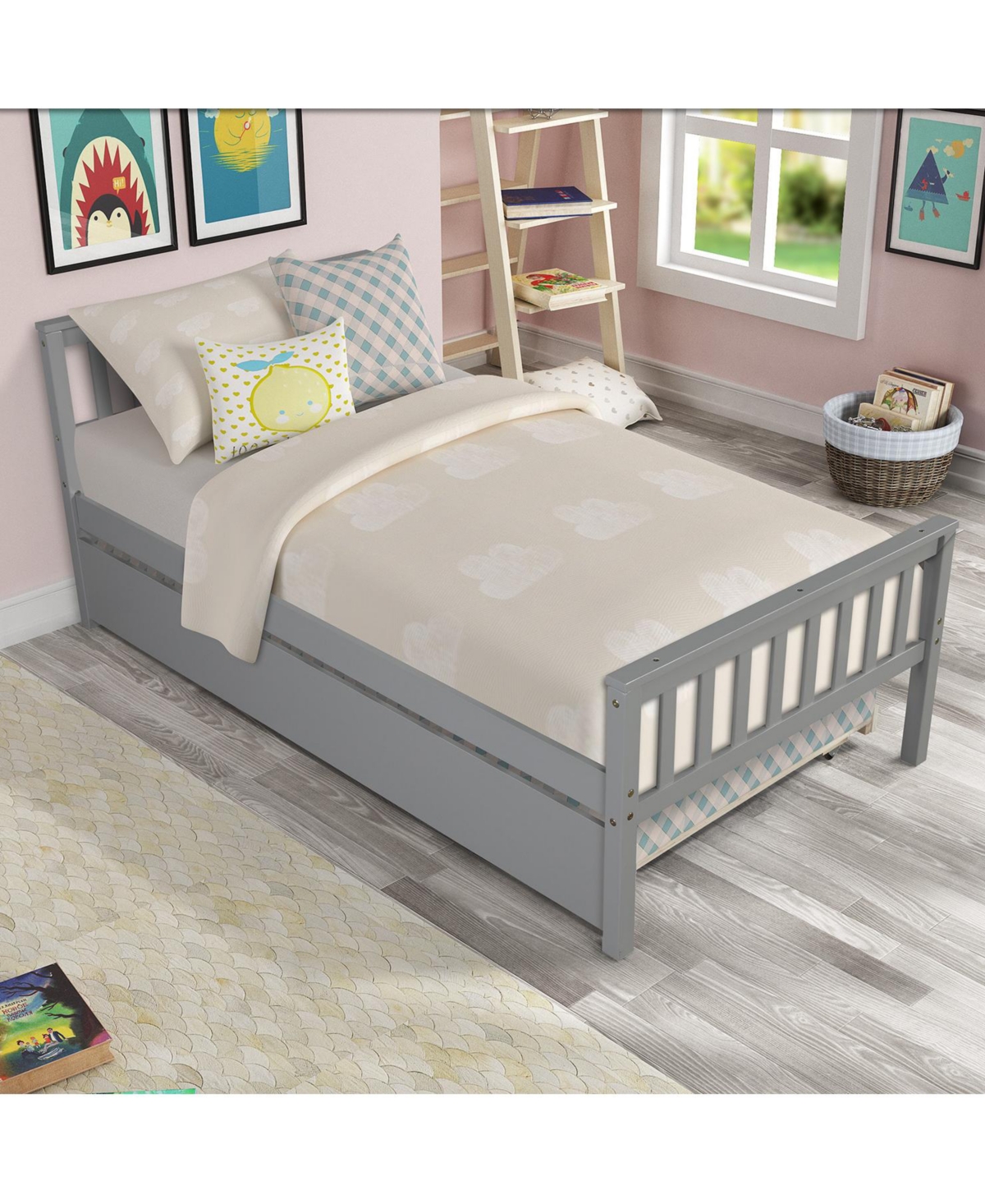 Sailvan Twin Bed with Trundle, Solid Wood Platform Frame Headboard, No Box Spring Needed