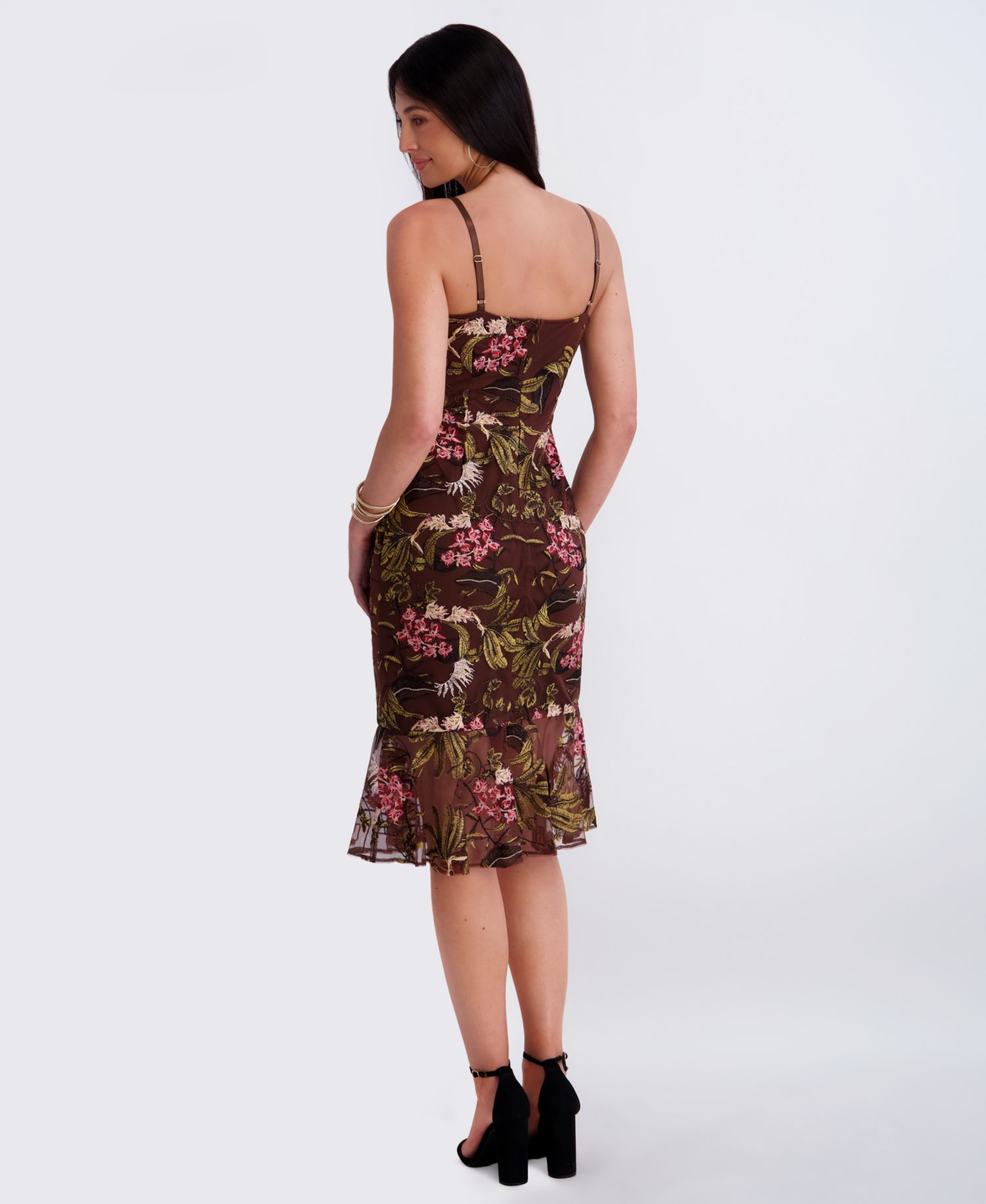 Women's Embroidered Mesh Sweetheart Neck Midi Dress