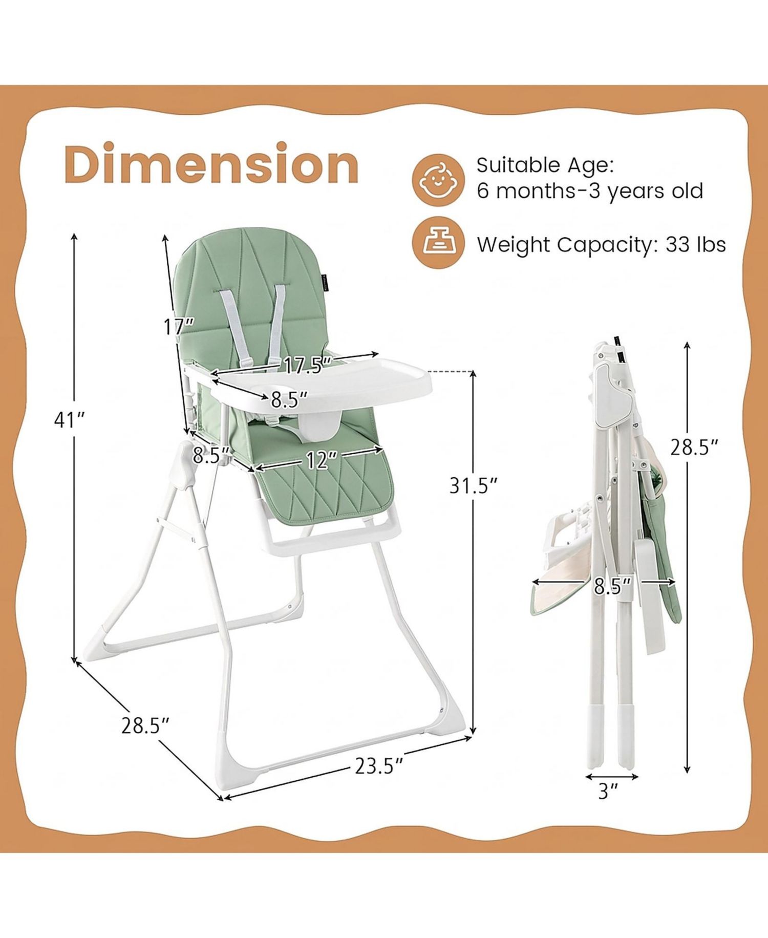 Baby Compact Foldable High Chair with Removable Waterproof Cushion