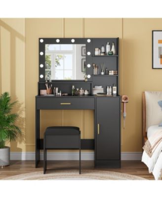 Vanity with Mirror, Three-Level Adjustable Lighting, Drawer Cabinet, Power Outlet and Stool  Compact Design Ideal for Bedrooms and Apartments