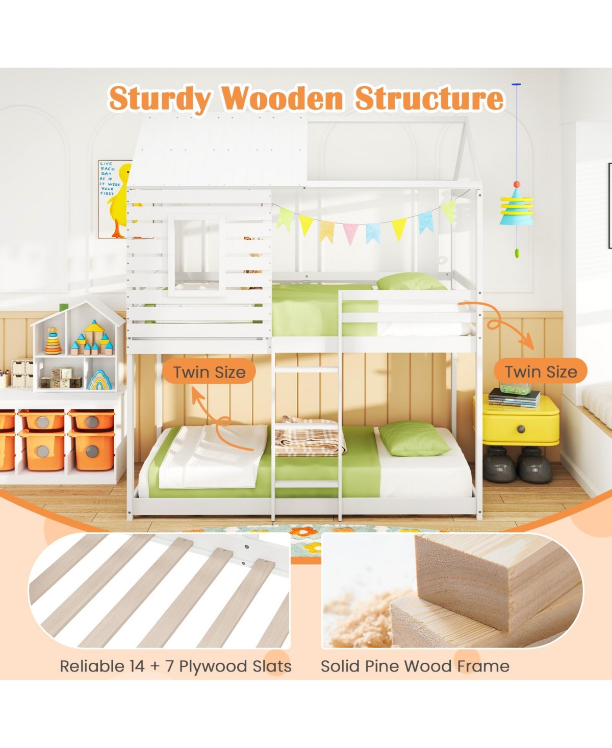 Slickblue Kids House Bunk Bed Twin Over Twin with Roof and Safety Rails