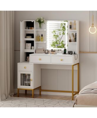 Modern Vanity Desk with LED Lighted Mirror - 3-Color Dimmable Lighting, USB Charging Station, Hidden Jewelry Cabinet, Drawers and Shelves