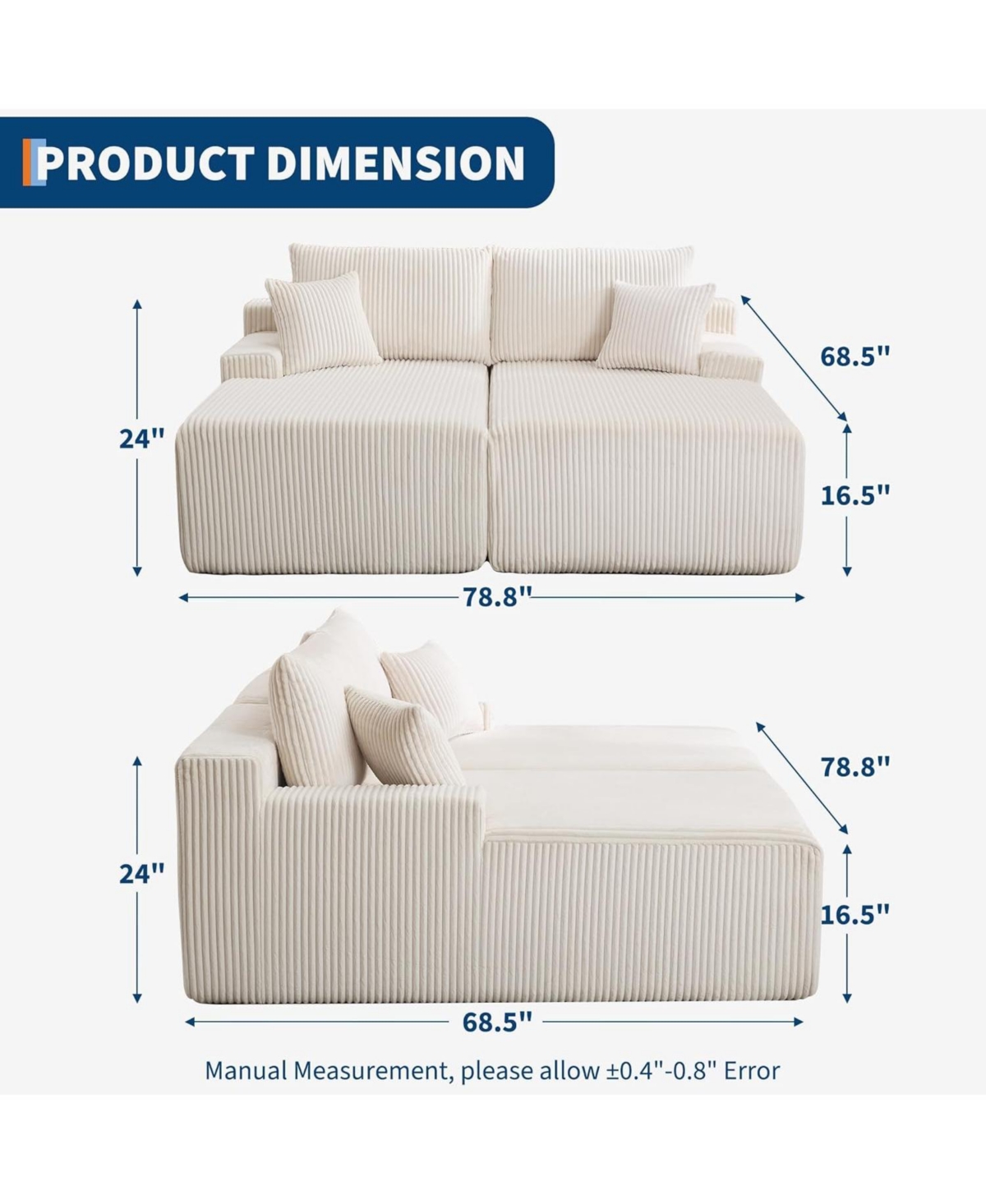 gaomon Oversized Corduroy Double Chaise Sofa - 78" Deep Seat, No Assembly, 4 Pillows & Armrests, Cloud Sleeper Loveseat for Living Room, Bedroom