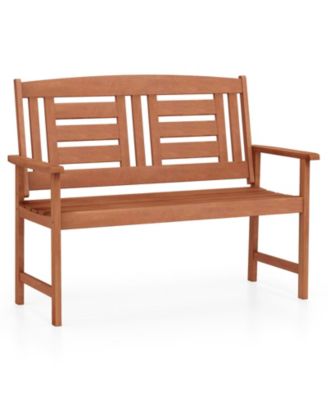 Outdoor Solid Wood Loveseat Hardwood 2-Seat Bench with Inclined Backrest and Slatted Seat