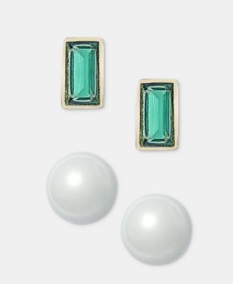 2-Pc. Set Baguette Stone & Imitation Pearl Stud Earrings