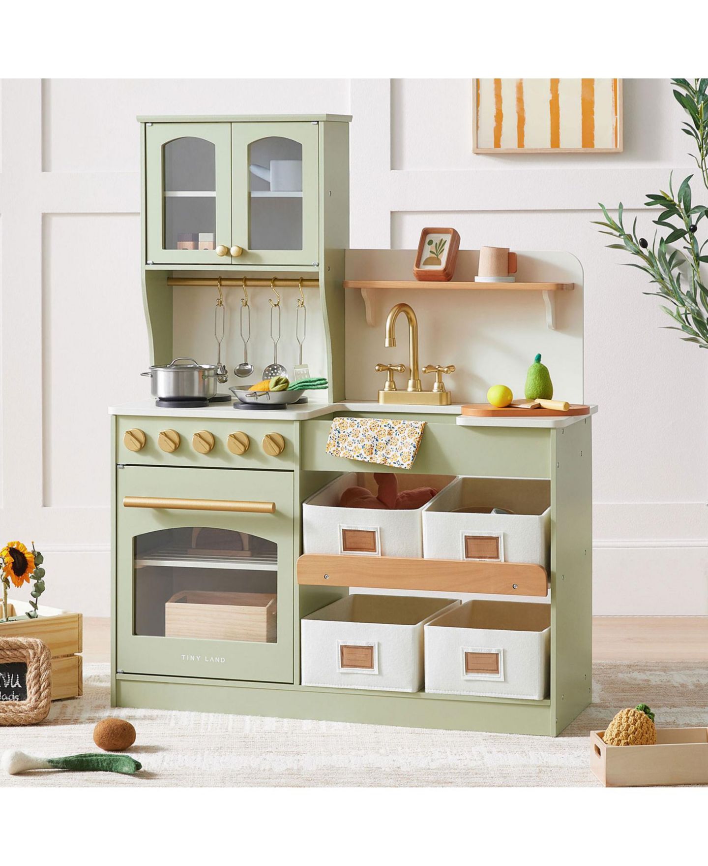 Детские игрушки Tiny Land Serenity Wooden Multifunctional Storage 15-Piece Play Kitchen, Ages 3+ — фото 3