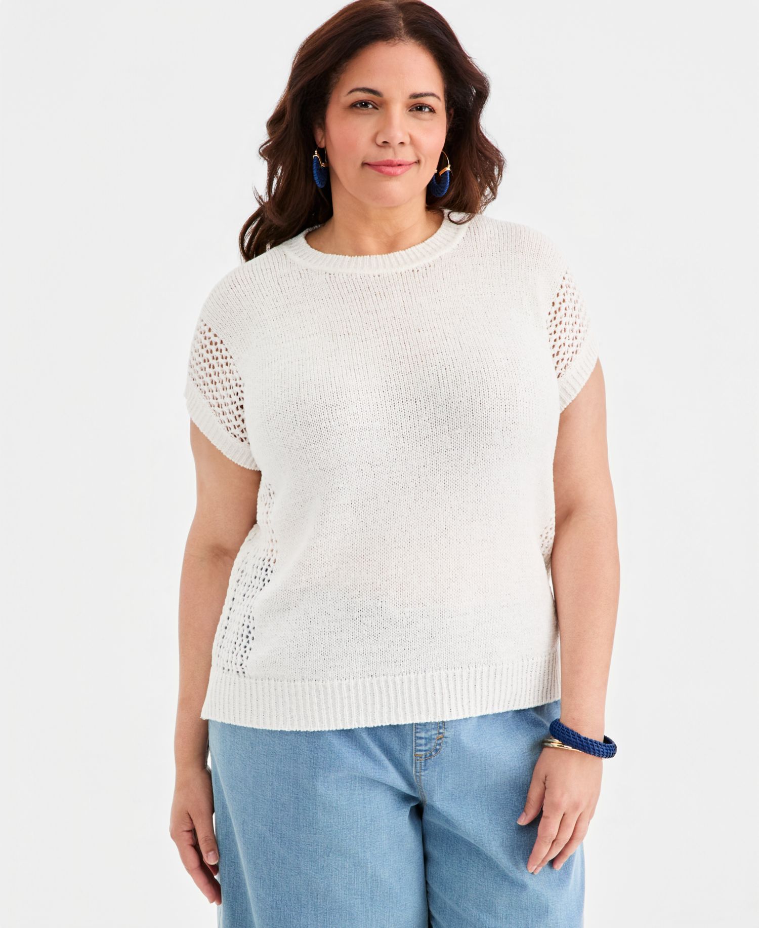 Plus Size Mixed-Stitch Dolman-Sleeve Sweater