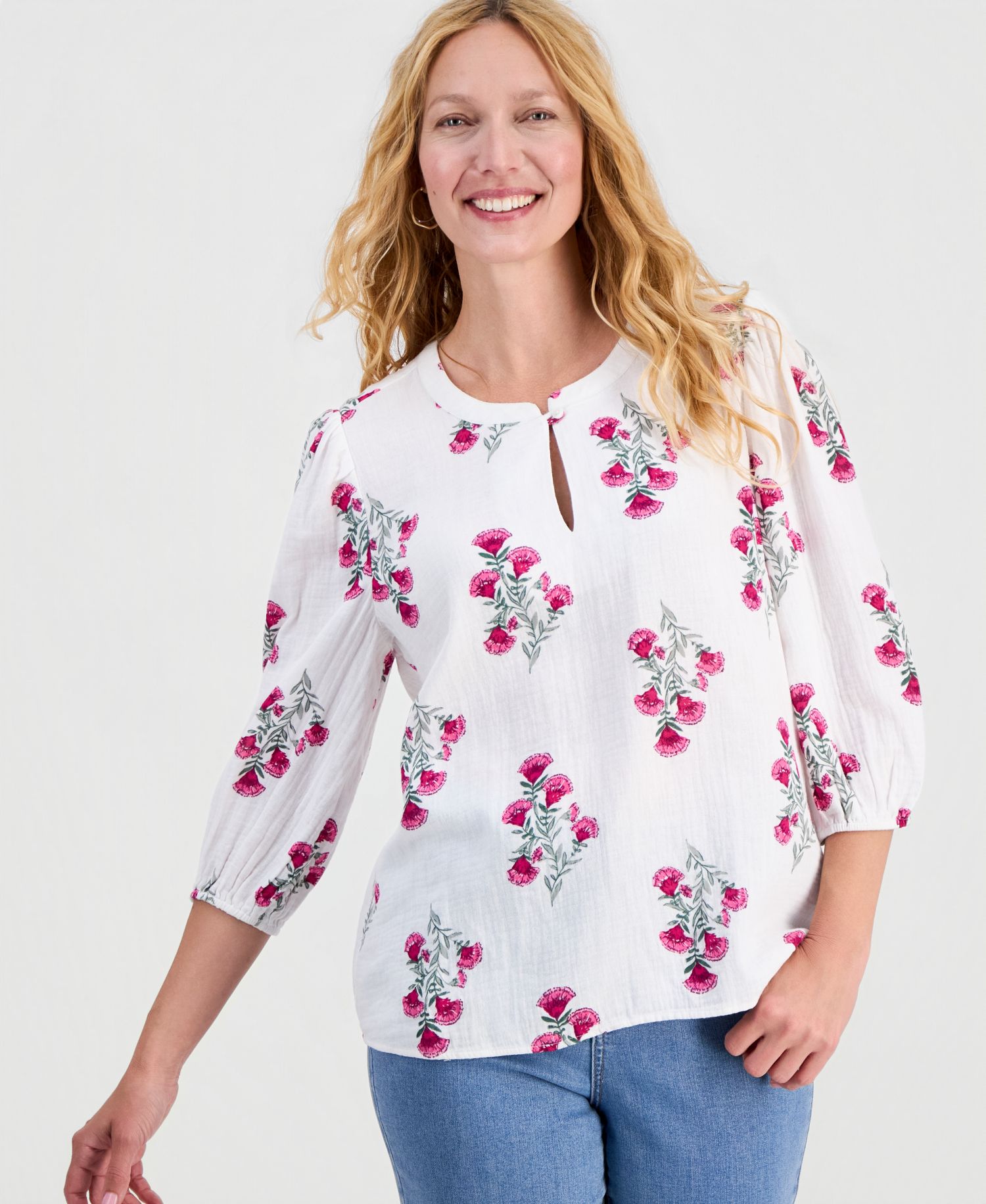 Women's Printed Cotton Gauze 3/4-Sleeve Top