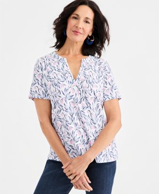 Style Co Womens Printed Short Sleeve Split Neck Top Macys Exclusive