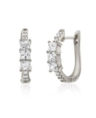 Suzy Levian New York Suzy Levian Sterling Silver Princess Cut Cubic Zirconia Huggie Hoop Earrings - Silver