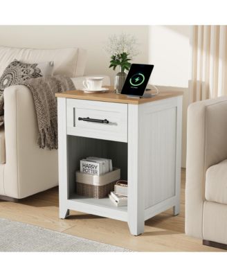 Farmhouse Nightstand with Charging Station - Drawers and Open Shelf, USB/Type-C/AC Outlets, End Table for Bedroom, Living Room